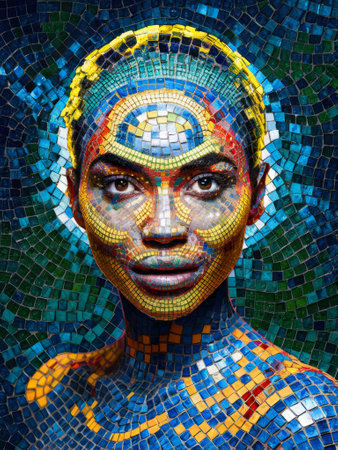 A mosaic portrait of a woman with colorful paint on her face, AIの素材