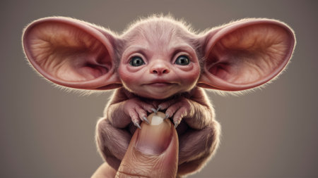 A small baby creature sitting on a finger, AIの素材