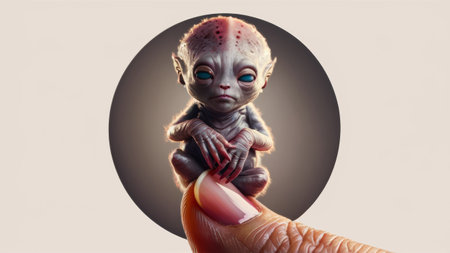 A small alien baby sitting on a finger of an adult, AIの素材
