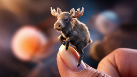 A miniature moose is sitting on a finger of someones hand, AIの素材
