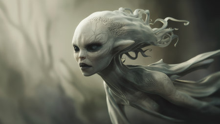 A creepy looking alien with long hair and a weird face, AIの素材