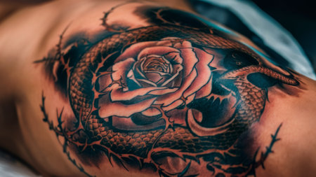 A tattoo of a rose and snake on the thigh, AIの素材