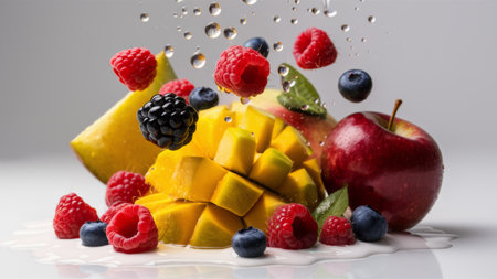A bunch of fruit with water splashing on them and some berries, AIの素材