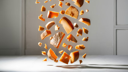 A bunch of cheese falling from a table onto the floor, AIの素材
