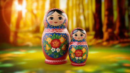 Two russian dolls matryoshka are standing next to each other in a forest, AIの素材