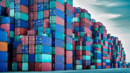 A large stack of shipping containers are stacked up next to a road, AIの素材