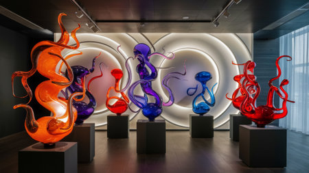 A group of colorful glass sculptures are on display in a room, AIの素材