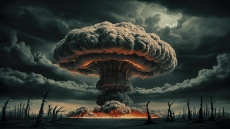 A large mushroom cloud is shown in a dark sky, AIの素材