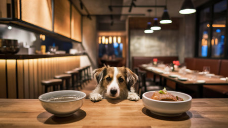 A dog sitting on a table with two bowls of food, AIの素材