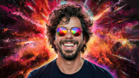 A man with sunglasses and a beard is smiling in front of an explosion, AIの素材