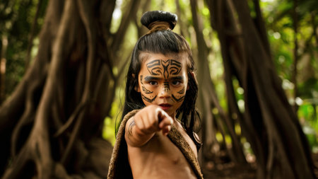 A young girl with painted face pointing at something in the distance, AIの素材