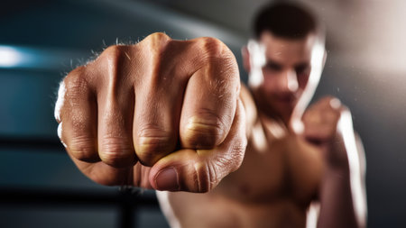 A man with no shirt is pointing his fist at the camera, AIの素材