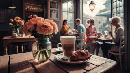 A group of people sitting at a table with food and drinks, AIの素材