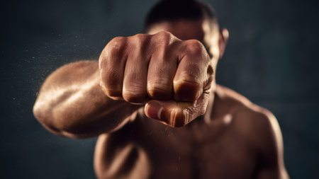 A man is pointing his fist at the camera, AIの素材