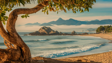 A tree on the beach next to a body of water, AIの素材