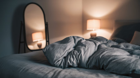 A bed with a blanket on it and pillows next to the mirror, AIの素材