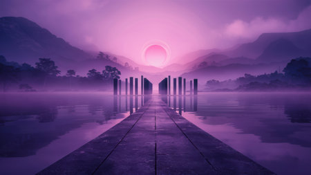 A purple sky with a dock leading to the water, AIの素材