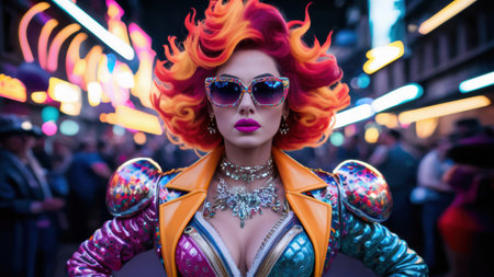 A woman with bright red hair and a colorful outfit, AIの素材