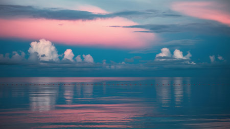 A beautiful sunset over the ocean with clouds in the sky, AIの素材