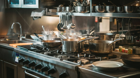 A kitchen with a stove top and pots on it, AIの素材