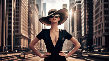 A woman in a black dress and hat posing on the street, AIの素材