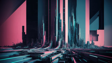 A futuristic cityscape with a lot of buildings and tall structures, AIの素材