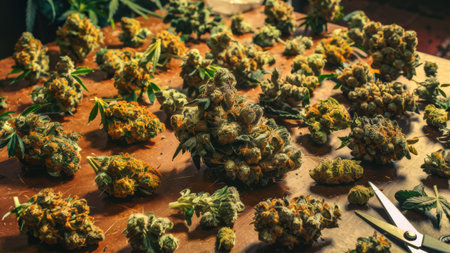 A table with a bunch of marijuana plants and scissors, AIの素材