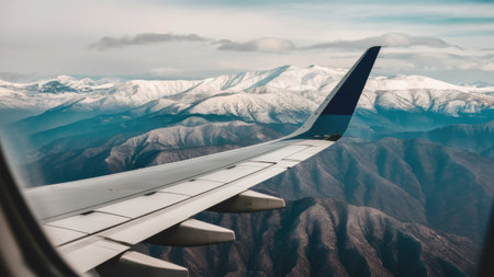 A view of a plane flying over mountains with snow on them, AIの素材