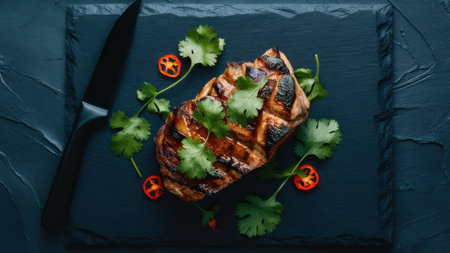 A close up of a piece of meat with some vegetables on it, AIの素材