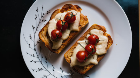 A plate with two pieces of bread topped with tomatoes and cream, AIの素材