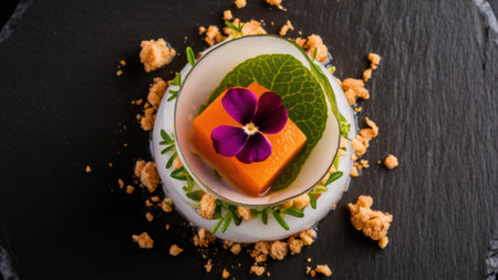 A close up of a plate with food on it and flowers, AIの素材