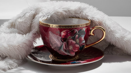 A cup and saucer on a white fur covered table, AIの素材
