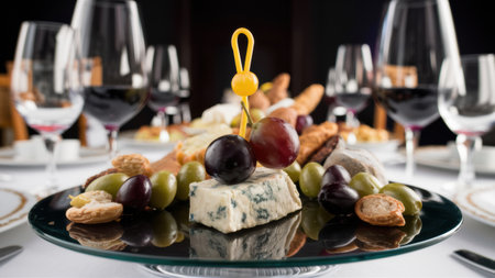 A plate of a cheese and fruit platter with wine glasses, AIの素材