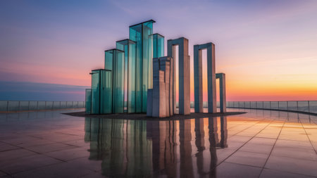 A large glass sculpture sitting on a tiled floor at sunset, AIの素材