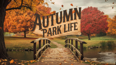A bridge over a lake with the words autumn park life, AIの素材