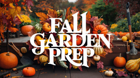 A large sign that says fall garden prep with pumpkins and other vegetables, AIの素材