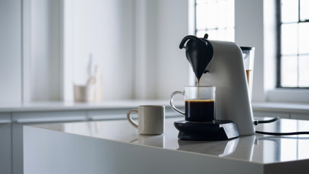 A coffee maker on a counter with cups and mugs, AIの素材