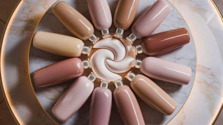 A circular plate with a variety of different colored nail polish, AIの素材