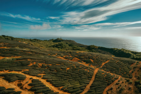 A hillside tea plantation with a view of the ocean and sky, AIの素材