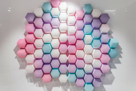 A wall with a bunch of different colored hexagons on it, AIの素材