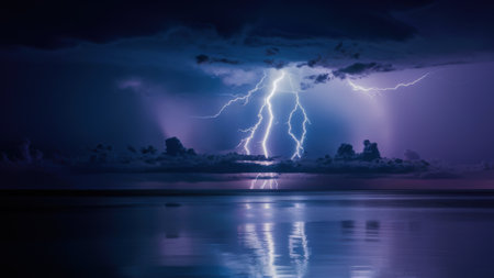 A lightning is striking the water in front of a body of water, AIの素材