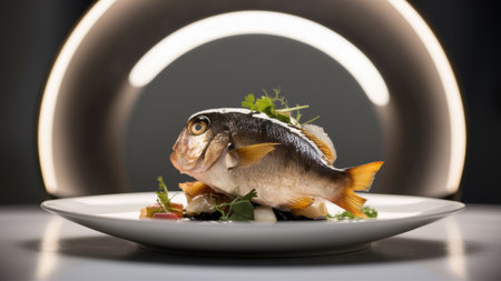 A fish is sitting on top of a plate with some greens, AIの素材