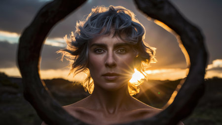 A woman with gray hair and a circular hole in her face, AIの素材