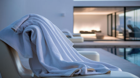A towel is folded over a chair in front of the pool, AIの素材