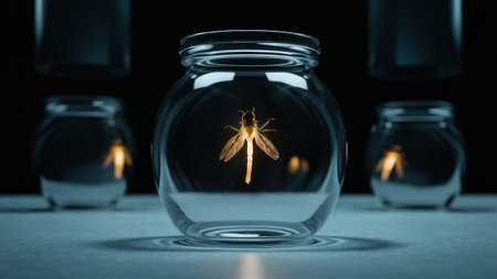 A jar with a dragonfly inside of it on top of some other jars, AIの素材