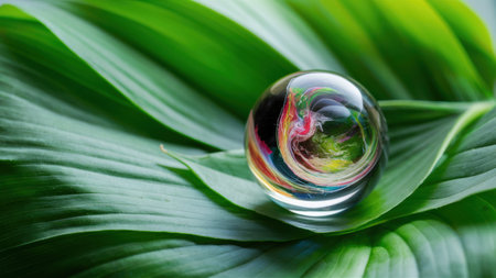 A glass ball sitting on top of a green leaf with some water in it, AIの素材