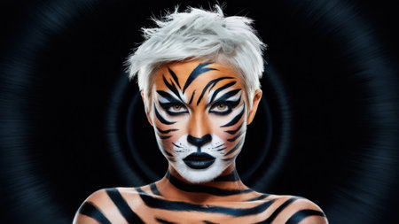 A woman with a tiger face paint and white hair, AIの素材