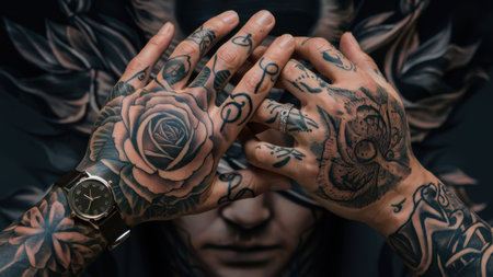 A man with tattoos on both hands and a watch, AIの素材