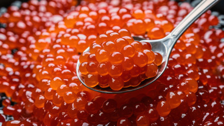 A spoon full of red caviar fish balls on a table, AIの素材