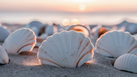 A group of shells are scattered on the beach at sunset, AIの素材